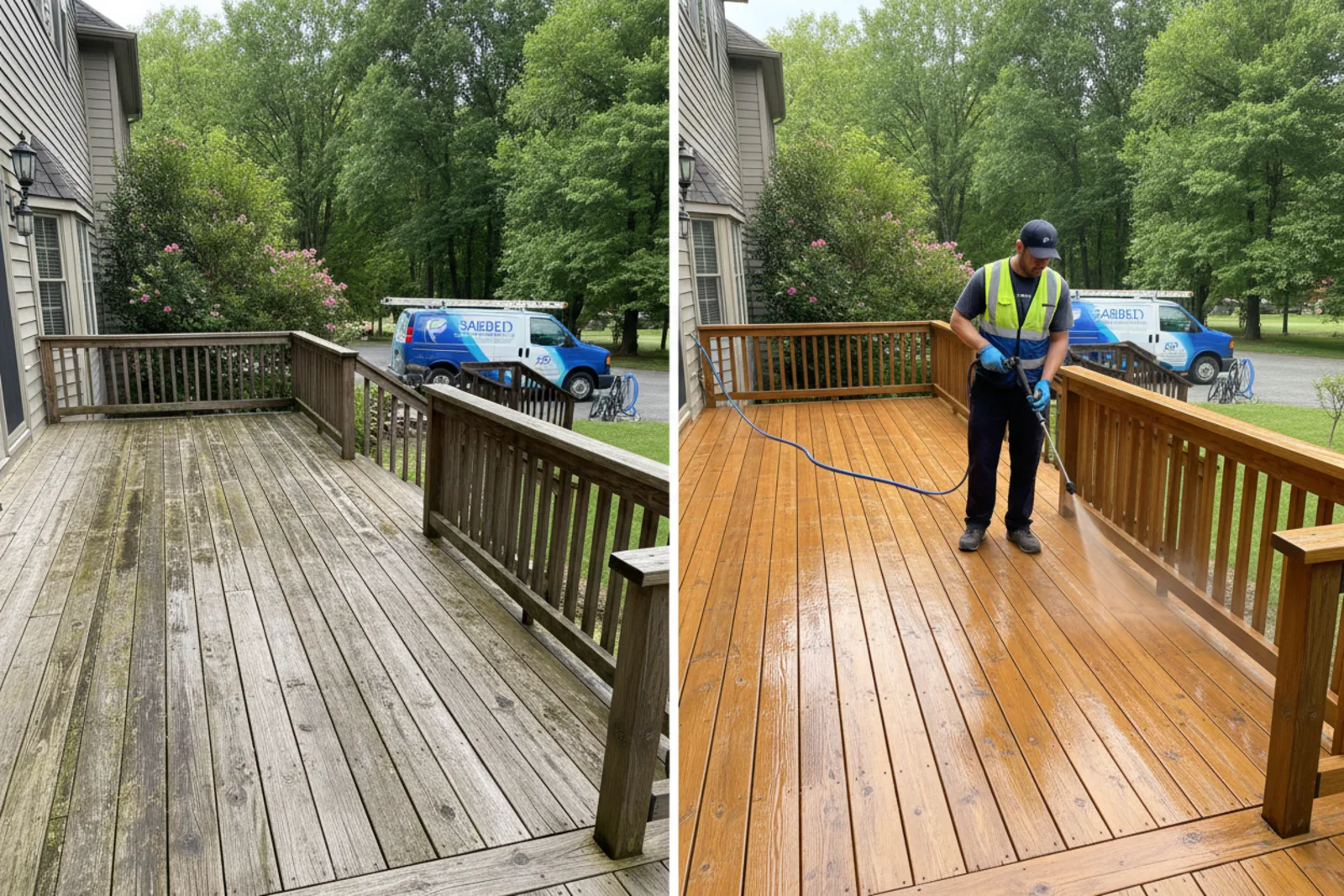 Deck cleaning Nicholasville KY professional technician using specialized soft washing equipment on wooden deck