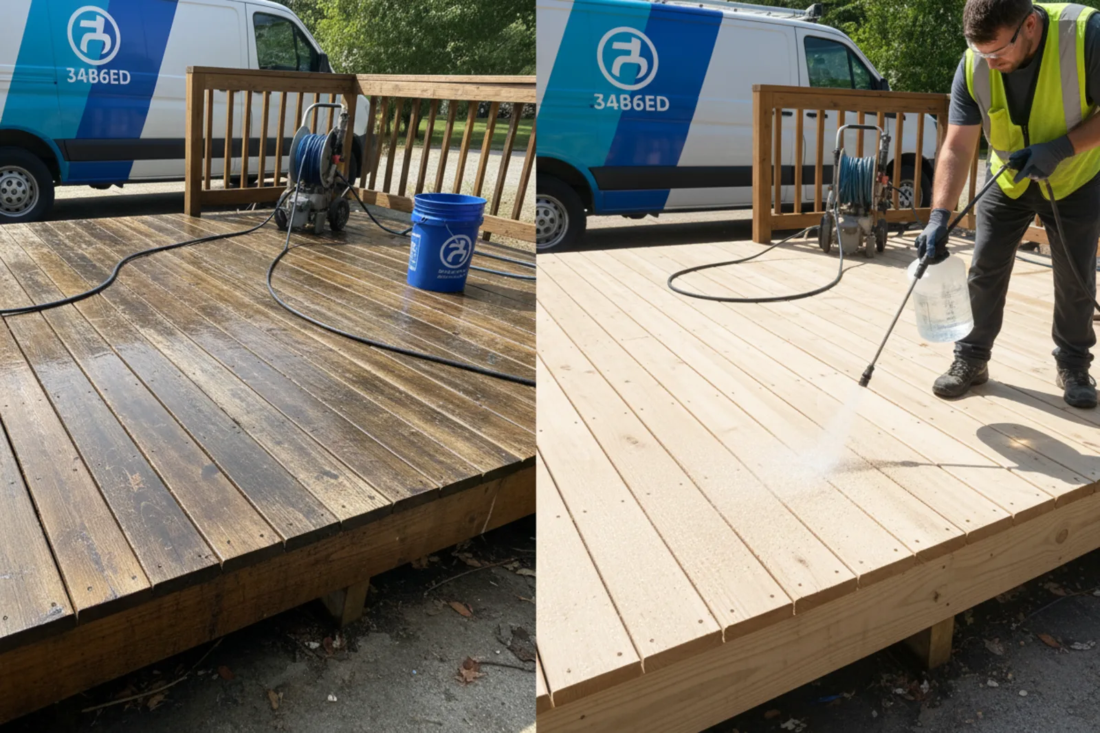 Deck cleaning Nicholasville KY technician applying wood brightener solution during complete restoration process