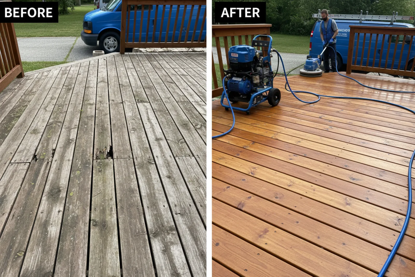 Deck cleaning Nicholasville KY before and after comparison showing damaged wood restoration by professionals