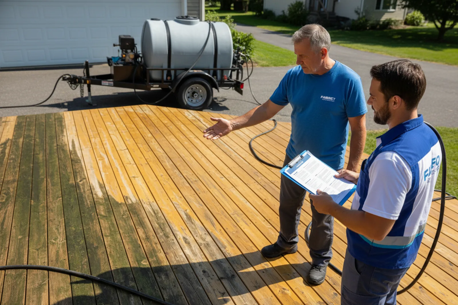 Deck cleaning Nicholasville KY homeowner consulting with professional contractor about service options